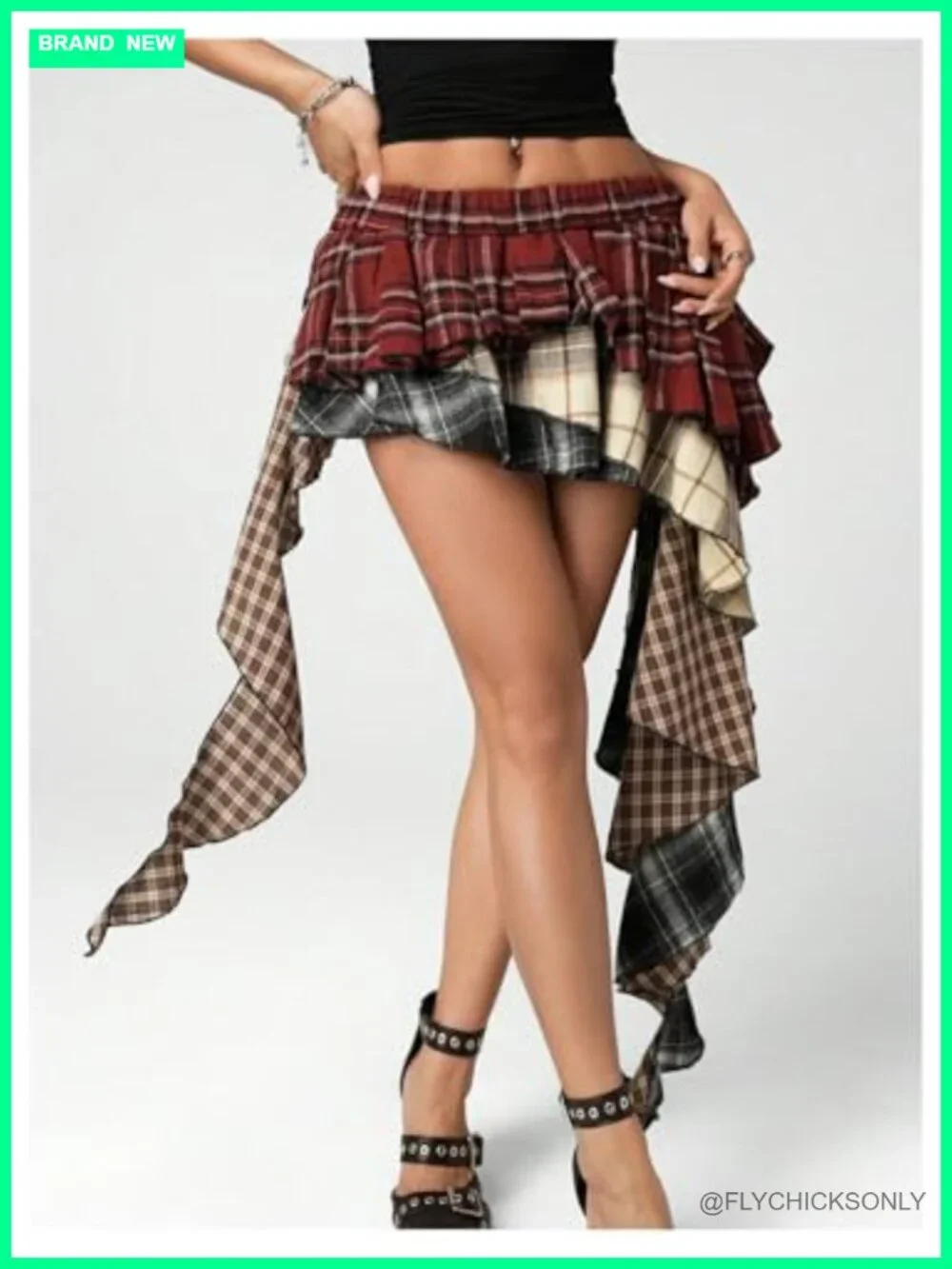 Plaid Y2K Mini Skirt with Built-in Shorts Asymmetrical Ruffle Layered